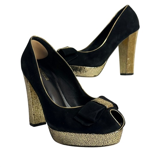 Menbur Shoes - Menbur Womens Heels 40 Suede Peep Toe Platform Bow Gold Block Heel Black